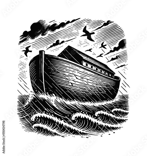wooden ark floating on the water during a heavy storm engraving black and white outline