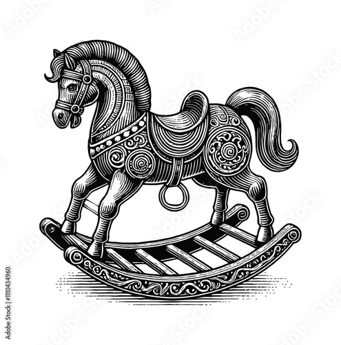 rocking horse toy engraving black and white outline