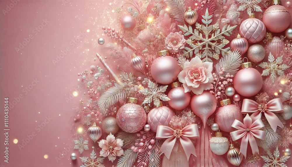 Naklejka premium Rose Gold Christmas Ornaments Festive Background Winter Decor