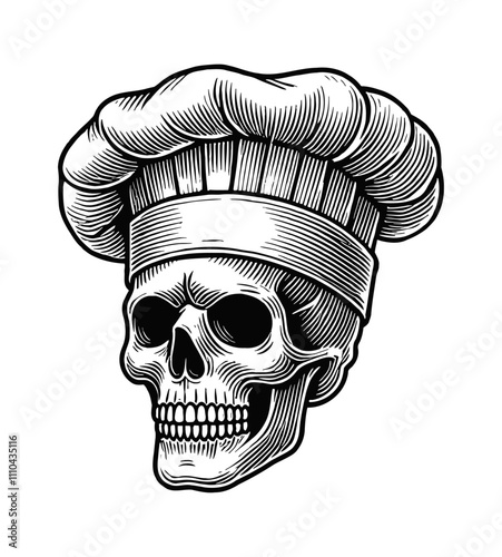 skull chef hat engraving black and white outline