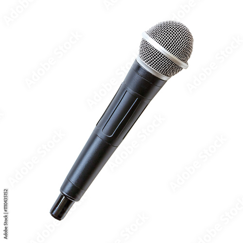 A close-up shot of a black microphone against isolated on white & transparent a background.