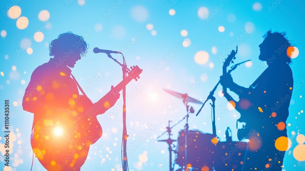 Naklejka premium Silhouetted Musicians Performing with Colorful Bokeh Effects