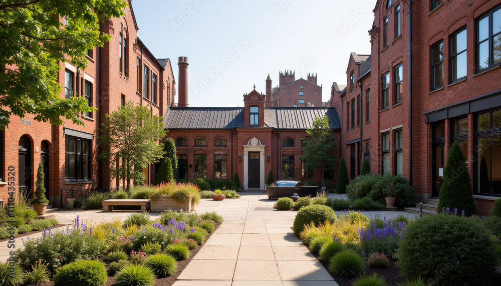 Renovated old factory courtyard with vibrant greenery and blue flowers under bright sunlight Renovated old factory courtyard with vibrant greenery and blue flowers under bright sunlight