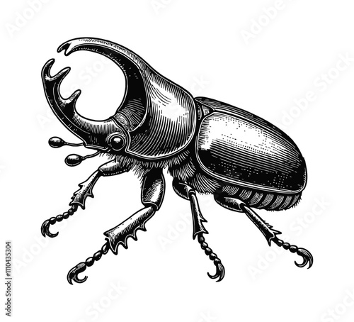 elephant beetle engraving black and white outline