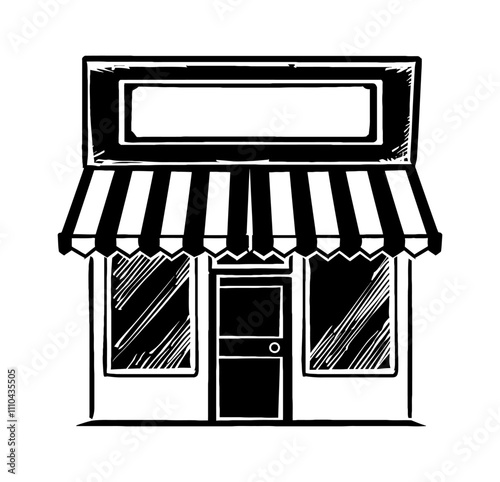 retro shop building engraving black and white outline