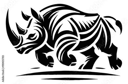 rhino tribal engraving black and white outline