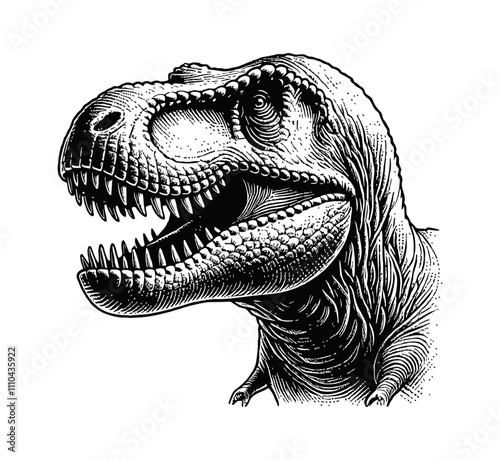 tyrannosaurus head engraving black and white outline