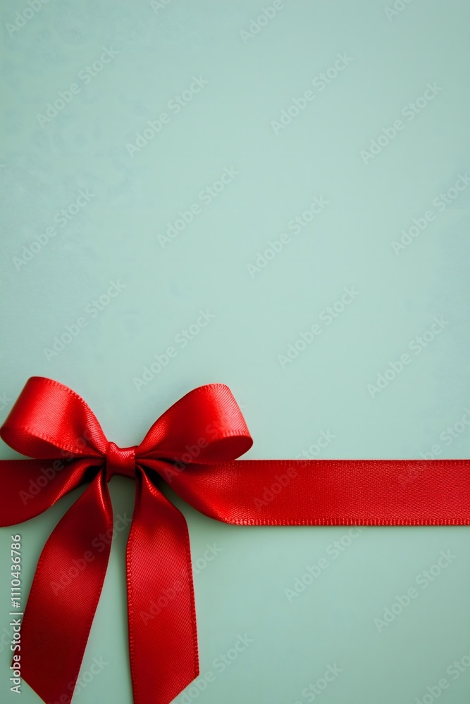 Christmas card featuring a bright red ribbon tied into a bow on a pastel green background. Christmas card featuring a bright red ribbon tied into a bow on a pastel green background.