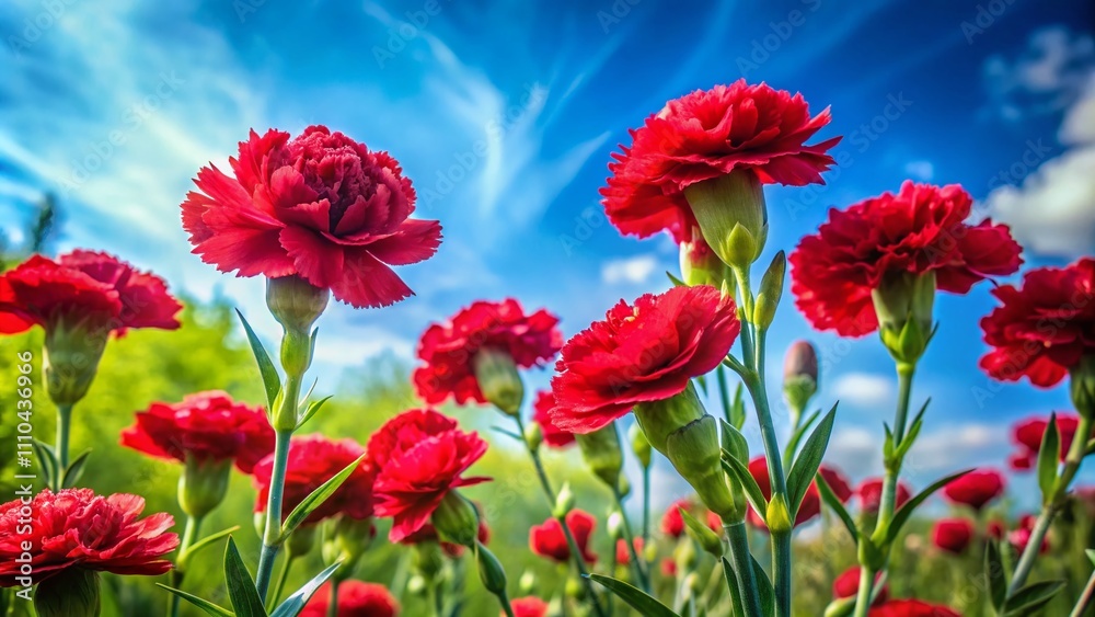 Fototapeta premium Vibrant Red Carnation Blooms Surrounded by Lush Greenery in a Picturesque Landscape Setting, Capturing the Essence of Nature's Beauty and Colorful Floral Life