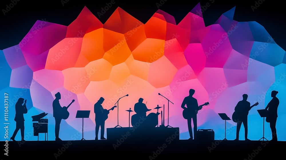 Silhouette of Musicians Against Colorful Geometric Background Silhouette of Musicians Against Colorful Geometric Background