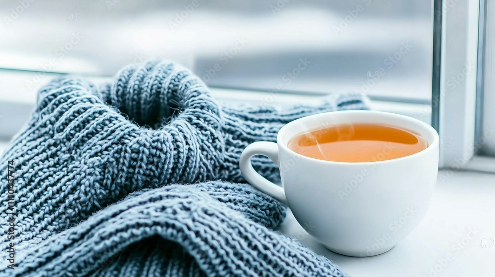 Cozy Scene with Tea Cup and Knit Sweater on Window Sill Cozy Scene with Tea Cup and Knit Sweater on Window Sill