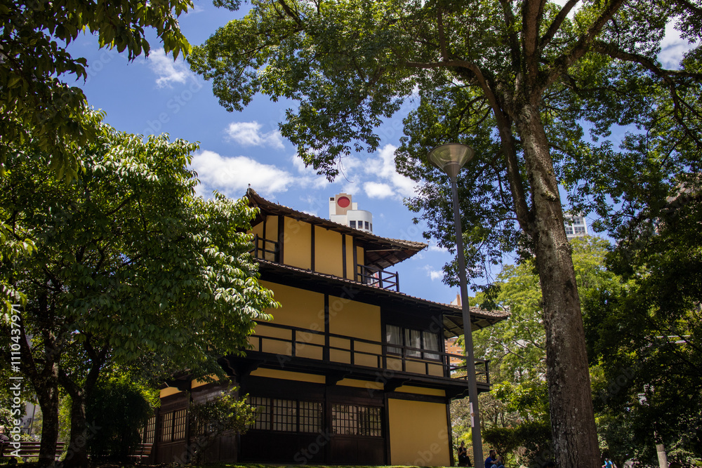 Japan Square located in the city of Curitiba Paraná Brazil Beautiful sunny day Japanese style public building and trees Japan Square located in the city of Curitiba Paraná Brazil Beautiful sunny day Japanese style public building and trees