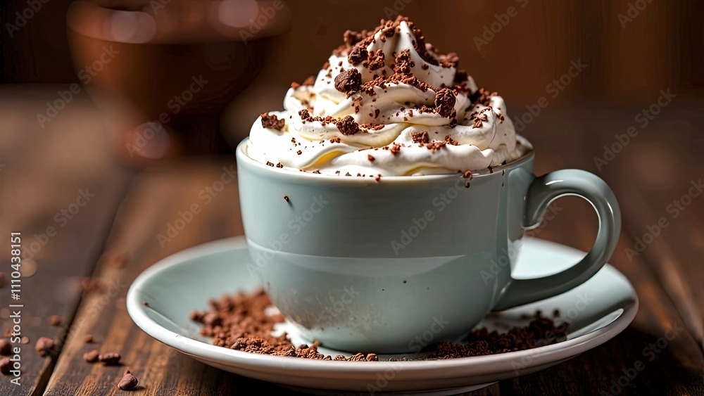 Hot chocolate with whipped cream and chocolate shavings, cozy winter vibe Hot chocolate with whipped cream and chocolate shavings, cozy winter vibe