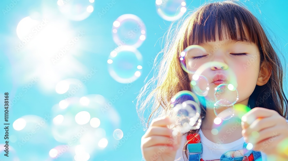 Joyful Child Blowing Bubbles Under Bright Blue Sky in Sunshine Joyful Child Blowing Bubbles Under Bright Blue Sky in Sunshine