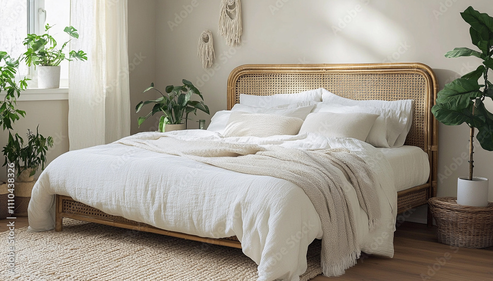 Fototapeta premium Cozy bedroom with natural decor and plants in sunlight