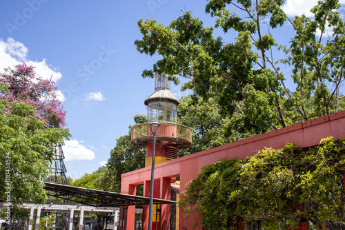 Praça da Espanha located in the city of Curitiba Paraná Brazil Beautiful sunny day with lighthouse and trees