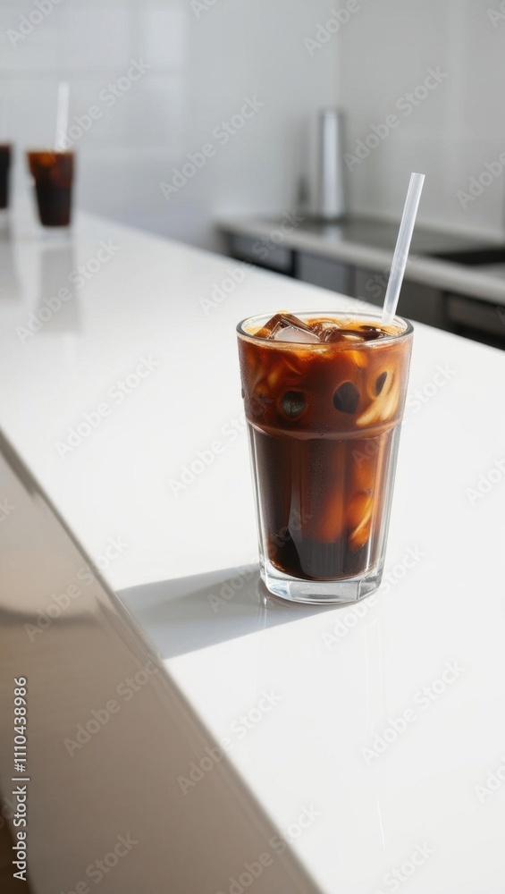 Ice coffee. A refreshing glass of iced coffee sits on a sleek countertop, showcasing a cool beverage perfect for warm days. Ice coffee. A refreshing glass of iced coffee sits on a sleek countertop, showcasing a cool beverage perfect for warm days.