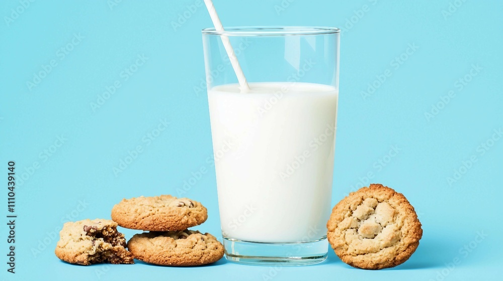 Milk in Glass with Cookies on Blue Background for Snack Concept Milk in Glass with Cookies on Blue Background for Snack Concept