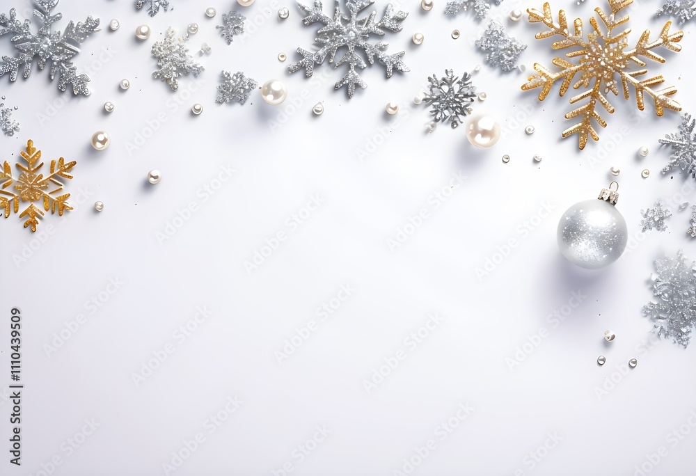 Fototapeta premium Glamorous Winter Design: Metallic Snowflakes and Pearl Ornament on Snowy White Background