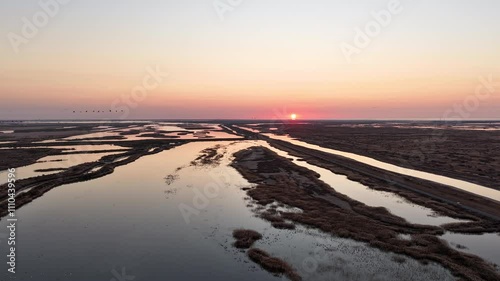 Aerial photo of the ecological wetland of the estuary of the Yellow River in Dongying, China