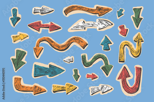 Arrow collage set crayon drawing Pointers isolated. Navigation marks. Scribble doodle paper signs. Vector hand drawn illustration