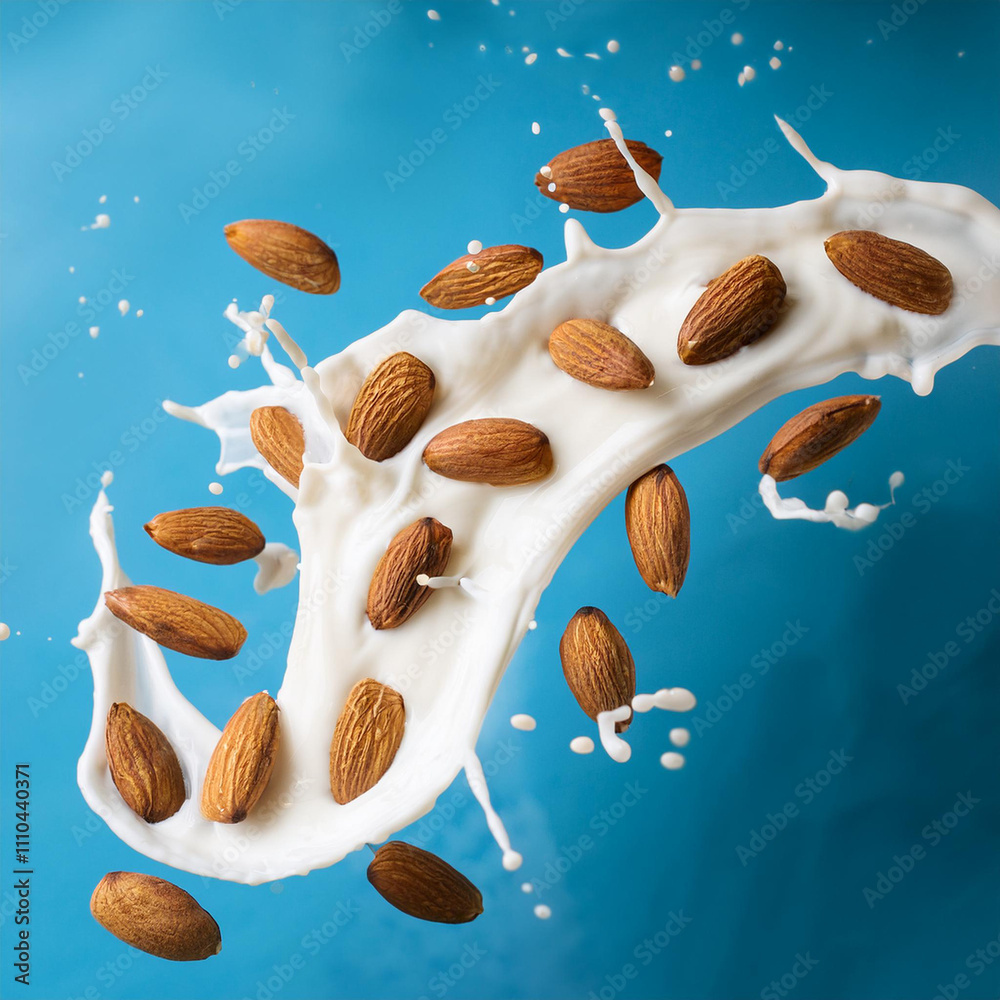 A dynamic and artistic splash of fresh almonds and creamy milk contrasts beautifully against a vibrant blue backdrop A dynamic and artistic splash of fresh almonds and creamy milk contrasts beautifully against a vibrant blue backdrop