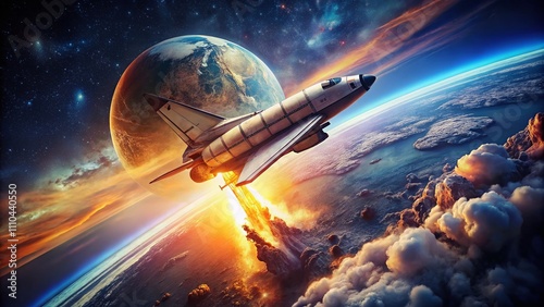 Wallpaper Mural Vintage Cinematic Shot of a Space Shuttle Orbiting Earth with Dramatic Lighting, Showcasing the Planet Below in Stunning Detail and Atmospheric Effects Torontodigital.ca