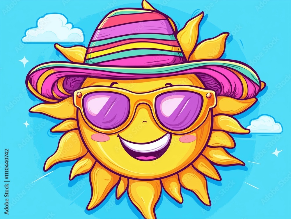 Fototapeta premium Cartoon illustration of the sun wearing a stylish wide-brimmed hat and trendy sunglasses