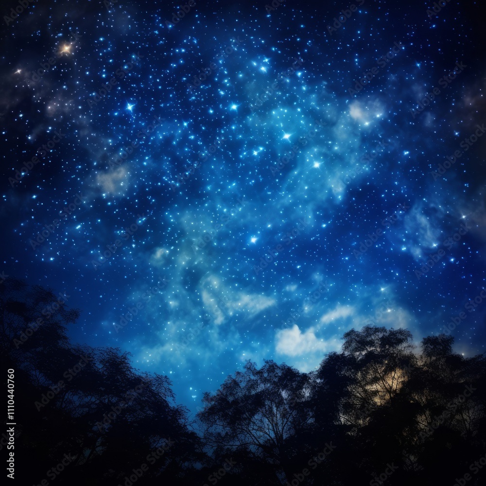 Naklejka premium Enchanting night sky filled with countless sparkling stars and vibrant blue hues. Wispy clouds drift through cosmic expanse, while silhouettes of trees frame scene, inviting wonder and stargazing.