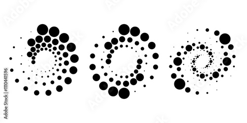 Set of black dotted vortex shapes. Geometric art. Halftone dots. Trendy design element for logo, tattoo, sign, symbol, web, prints, posters, social media, template, pattern and abstract background