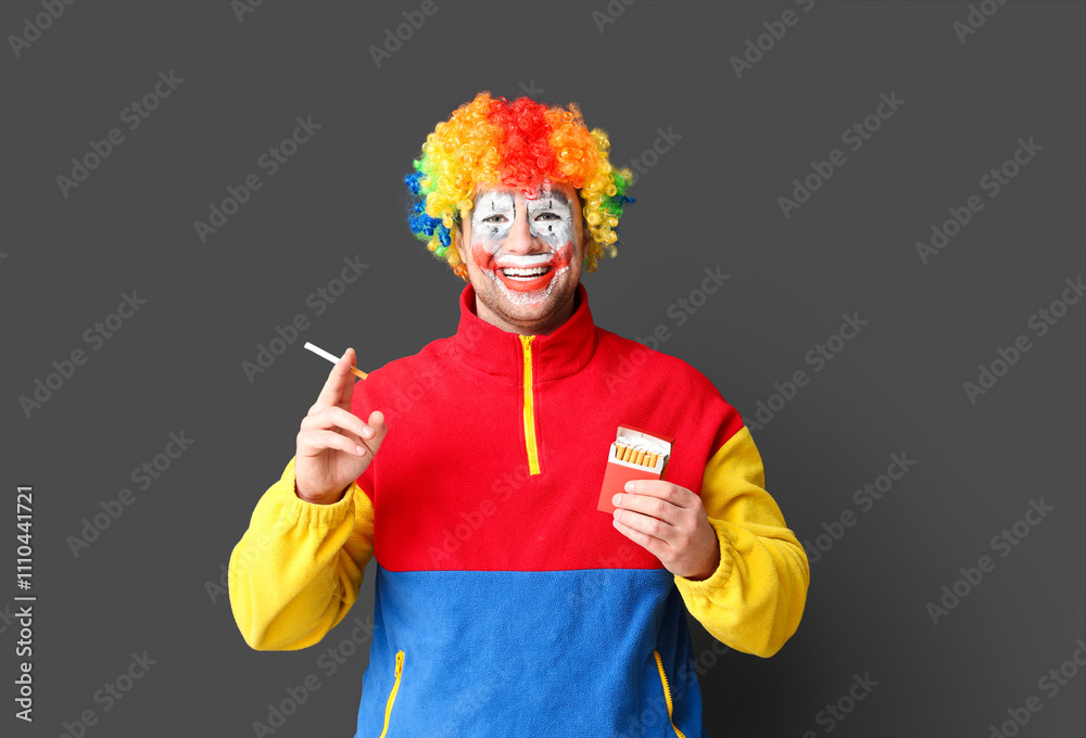 Young man as bad clown with cigarettes smiling on black background Young man as bad clown with cigarettes smiling on black background