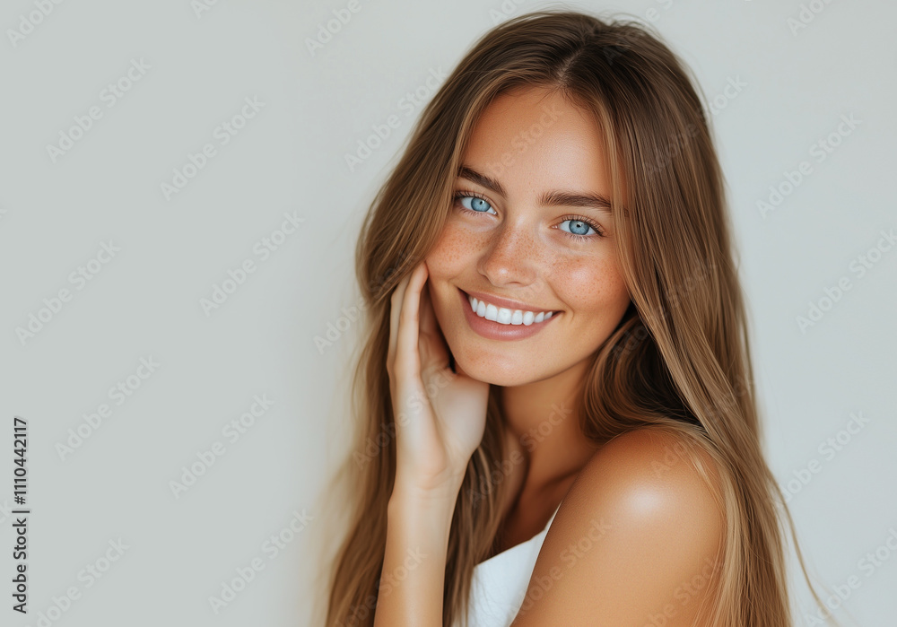Beautiful model girl with shiny brown and straight long hair . Beautiful young woman with clean fresh skin on face . Girl facial treatment . Cosmetology , beauty and spa . Beautiful model girl with shiny brown and straight long hair . Beautiful young woman with clean fresh skin on face . Girl facial treatment . Cosmetology , beauty and spa .