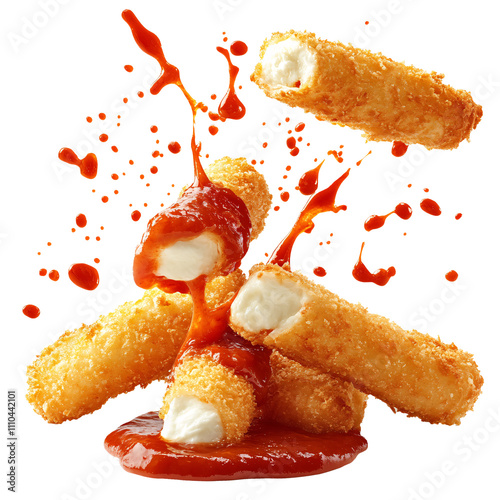 Delicious fried mozzarella sticks splashing with sauce isolated on white & transparent a background.