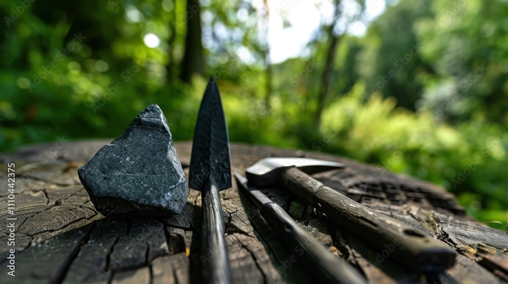 Close-up of ancient stone tools, sharp flint knives, and polished axes on a weathered wooden surface, symbolizing prehistoric craftsmanship and the dawn of human ingenuity.. Close-up of ancient stone tools, sharp flint knives, and polished axes on a weathered wooden surface, symbolizing prehistoric craftsmanship and the dawn of human ingenuity..