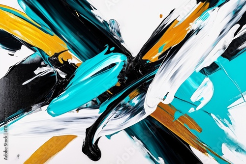 An abstract painting of bold brushstrokes in teal, gold, and white, creating a sense of motion.  photo