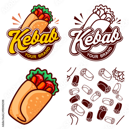 kebab, kabab, doner, logo, Noddle plate, hot, bar, fire, lettering, splash, logotype design. Hand drawn vector illustration, fast food