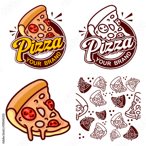 pizza,  logo, Noddle plate, hot, bar, fire, lettering, splash, logotype design. Hand drawn vector illustration, fast food
