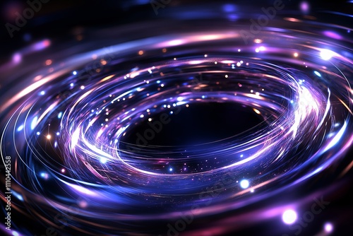 An artistic depiction of a black hole surrounded by swirling streams of light and stars.