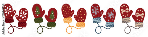 Colourful mittens with Christmas pattern. Warm accessory for winter. Decorative element for Christmas design. Knitted mittens with white pattern.