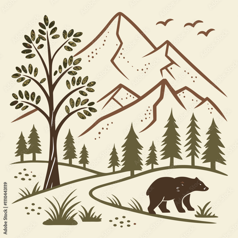 Naklejka premium Adobe Illustrator Artwork, a bear is standing in the grass in front of a mountain.
