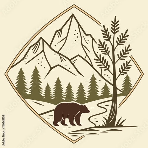 bear in a tent, a bear is standing in the grass in front of a mountain.