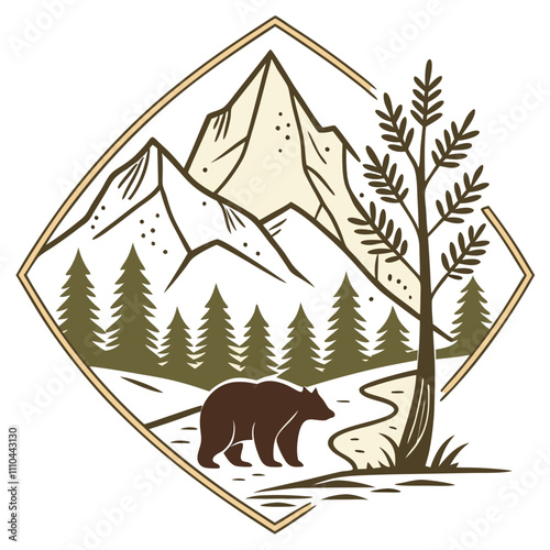 Adobe Illustrator Artwork, a bear is standing in the grass in front of a mountain.