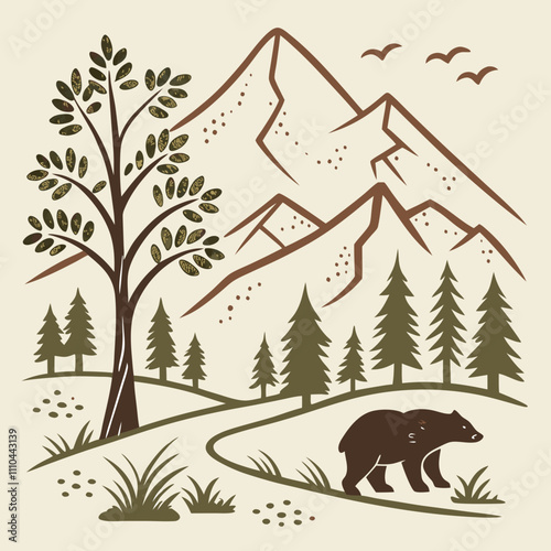 landscape with animals, a bear is standing in the grass in front of a mountain.