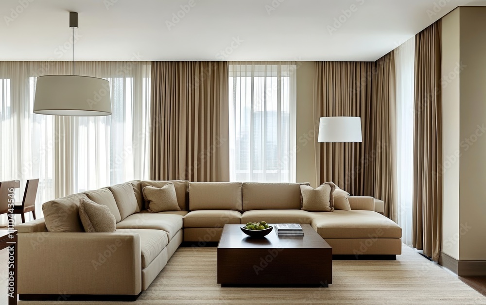 A contemporary room with a modular sectional in muted earth tones, complemented by light-colored curtains and a modern pendant lamp, creating a relaxing ambiance A contemporary room with a modular sectional in muted earth tones, complemented by light-colored curtains and a modern pendant lamp, creating a relaxing ambiance