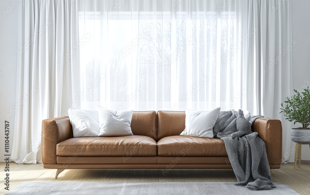 Fototapeta premium A cozy yet elegant interior with a modern light brown leather couch, white curtains, and soft throws for a warm and stylish setting