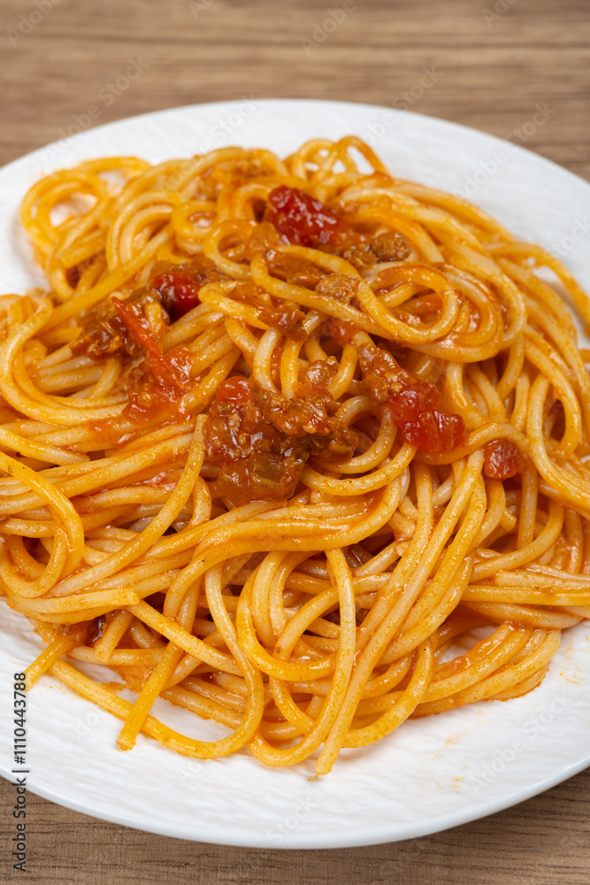 angle view spaghetti with classic bolognese sauce at vertical composition angle view spaghetti with classic bolognese sauce at vertical composition