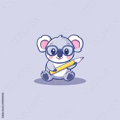Adorable Cartoon Koala Wearing Glasses with Pencil on Light Purple Background