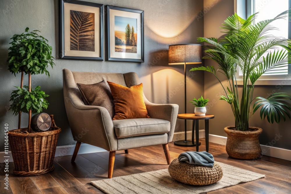 A Cozy Stylish Reading Nook with a Comfortable Armchair, Framed Artwork, Sleek Vase, Woven Basket, and Plush Slippers for a Warm Atmosphere A Cozy Stylish Reading Nook with a Comfortable Armchair, Framed Artwork, Sleek Vase, Woven Basket, and Plush Slippers for a Warm Atmosphere