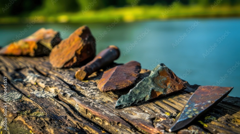 Fototapeta premium Close-up of ancient stone tools, sharp flint knives, and polished axes on a weathered wooden surface, symbolizing prehistoric craftsmanship and the dawn of human ingenuity..