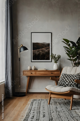 Scandinavian Living Room with Oversized Mock-Up Poster Ceramic Vase Cozy Armchair and Natural Light